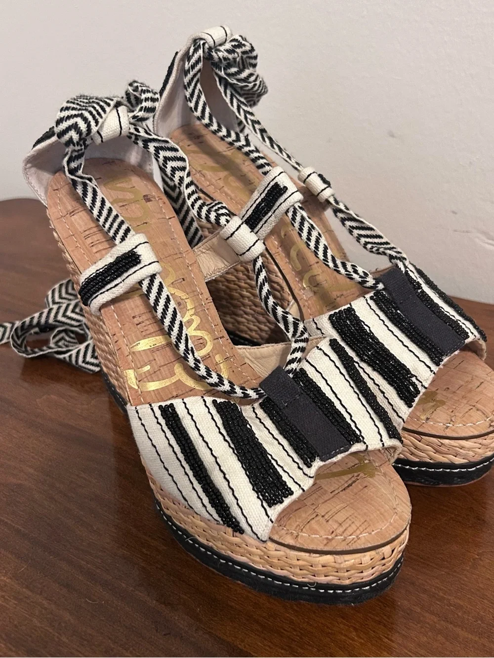 Sam Edelman Trey Black White Beaded Espadrille Wedge Platform Sandals size 8